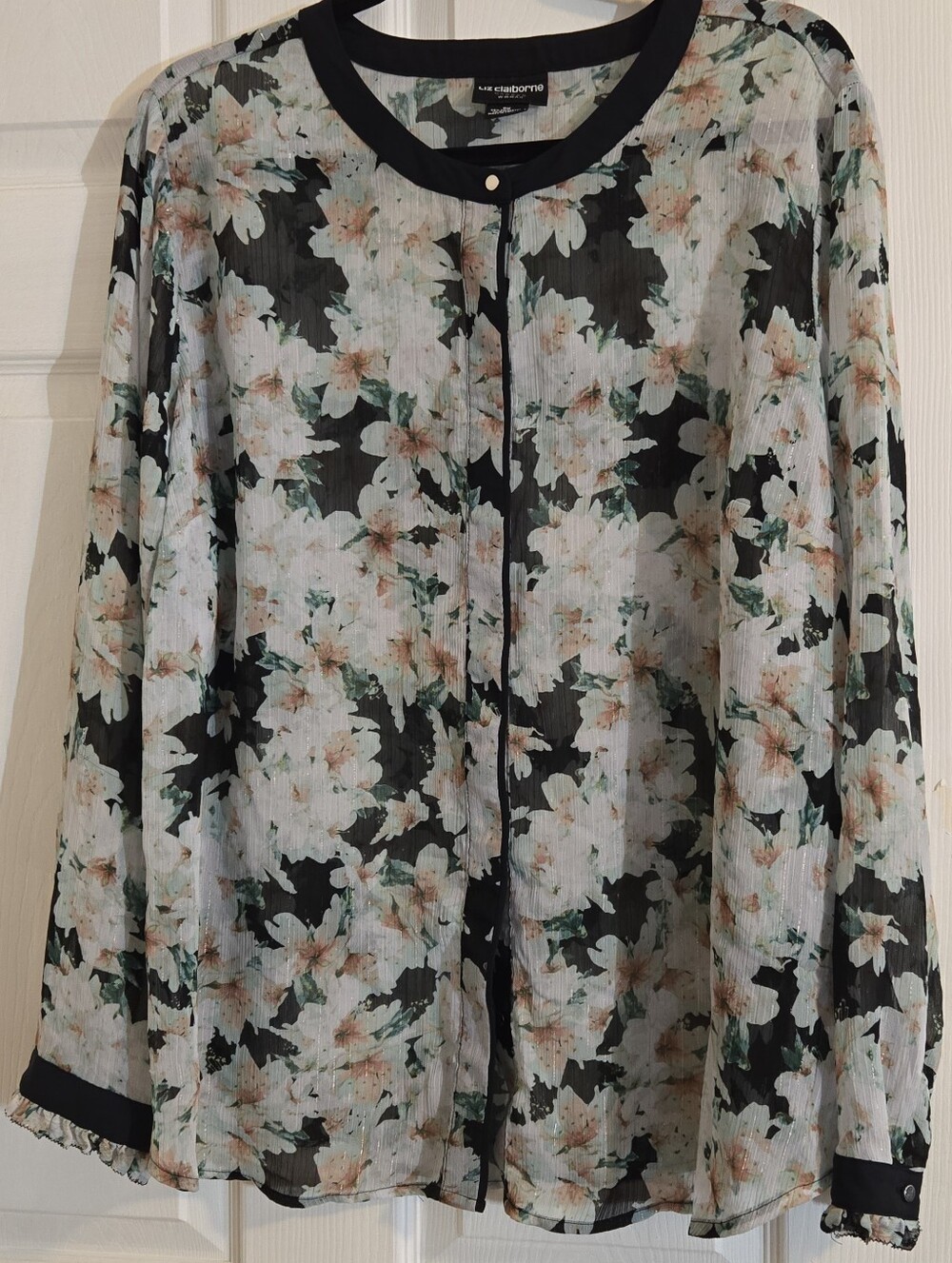 Liz Claiborne Sheer Floral Button Front Blouse - Black, White, Green